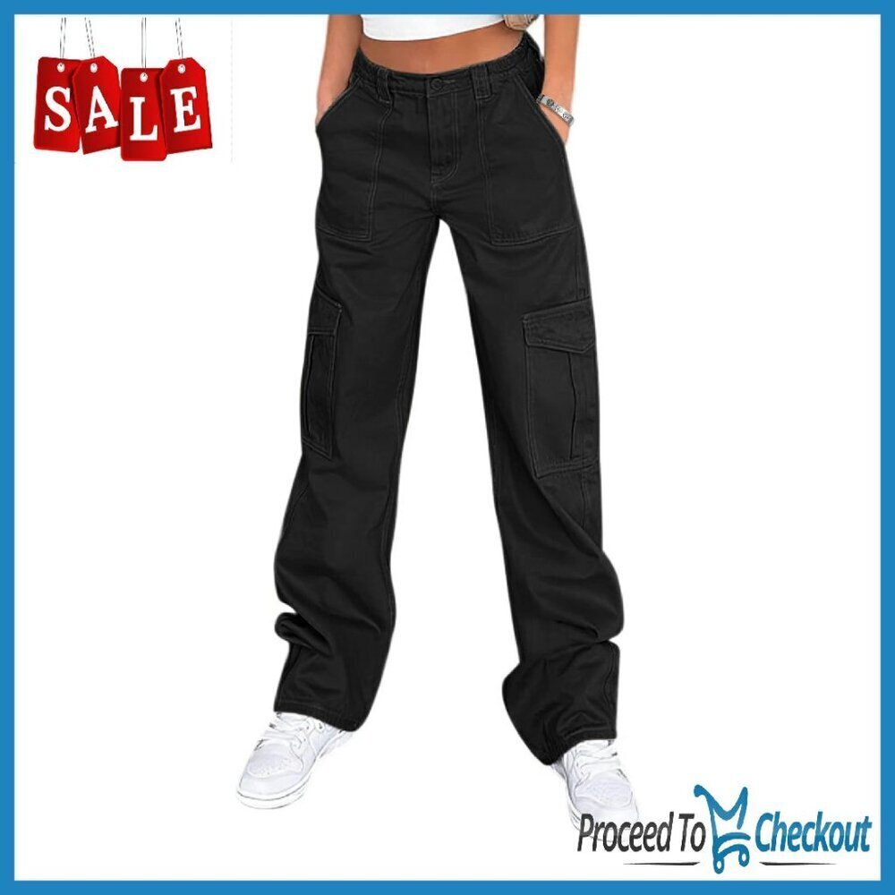 High Waisted Cargo Pants Wide Leg Stretchy Casual Y2K Streetwear 6 Pockets